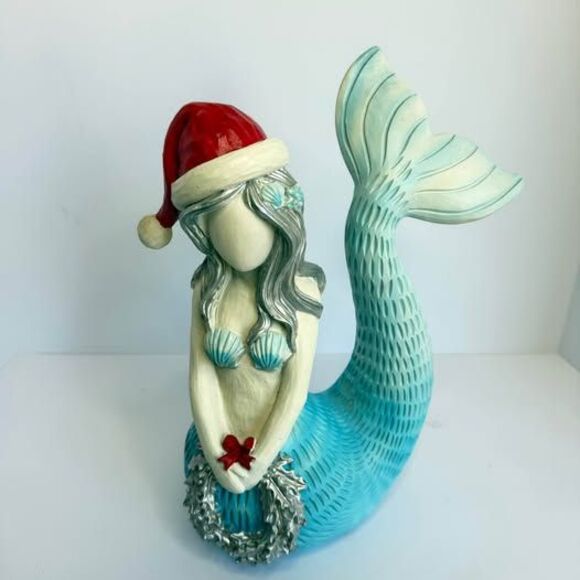 Other - Christmas Coastal Mermaid Decor – Santa Hat – 16” Resin Figure